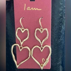 New I Am Gold Double Heart Dangle Earrings